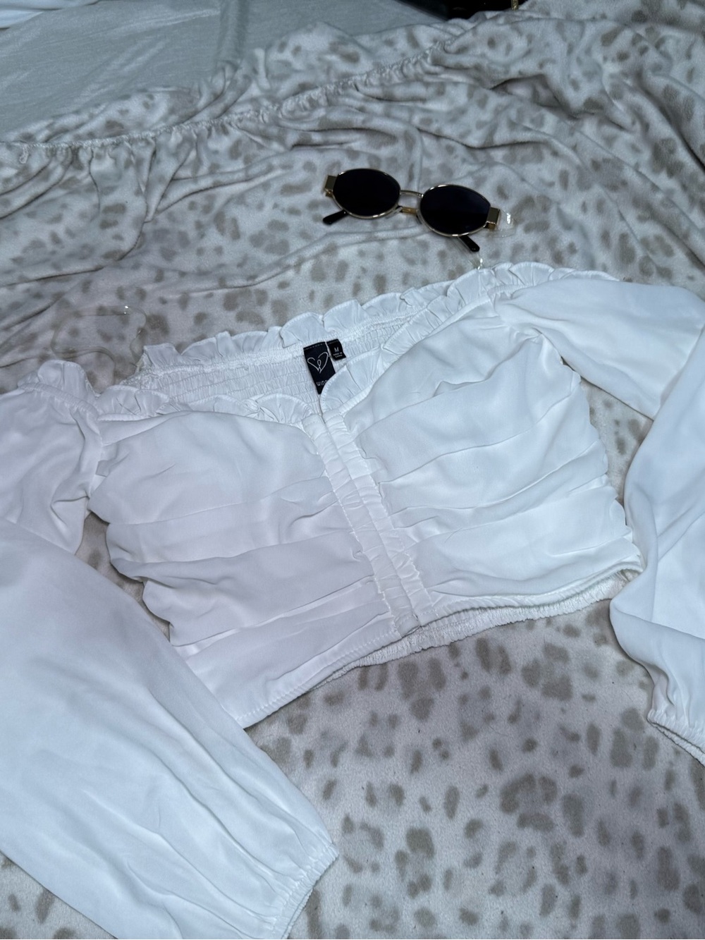 White Ruched Off-Shoulder Cropped Top